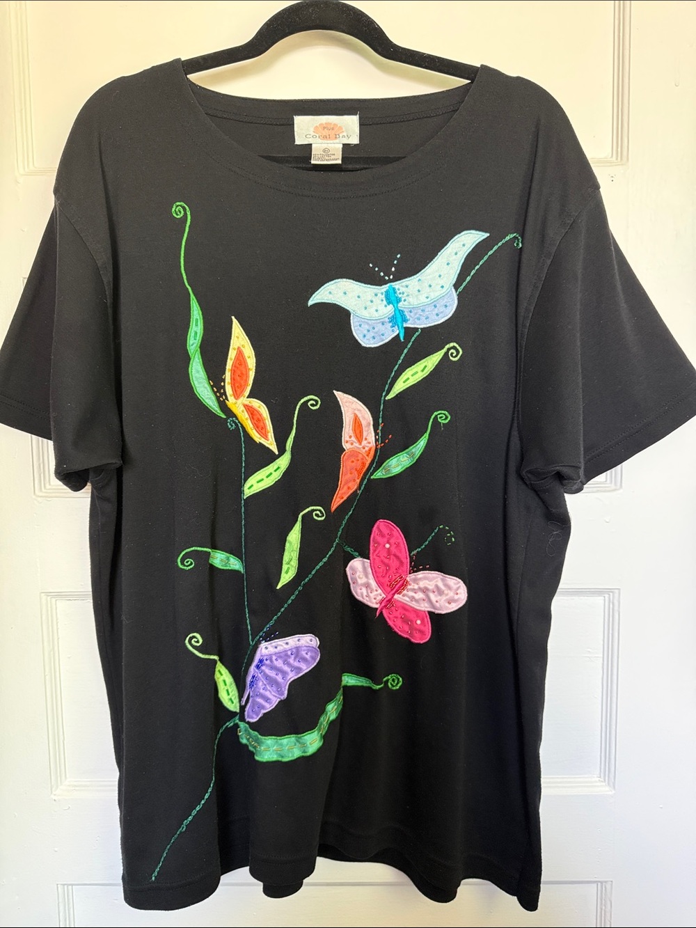 Vintage 90’s Coral Bay Black Tee with beaded and sequined appliqué design